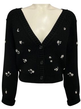 SIMKHAI BLACK CRYSTAL EMBELLISHED WOOL AND CASHMERE KNIT CARDIGAN SWEATER